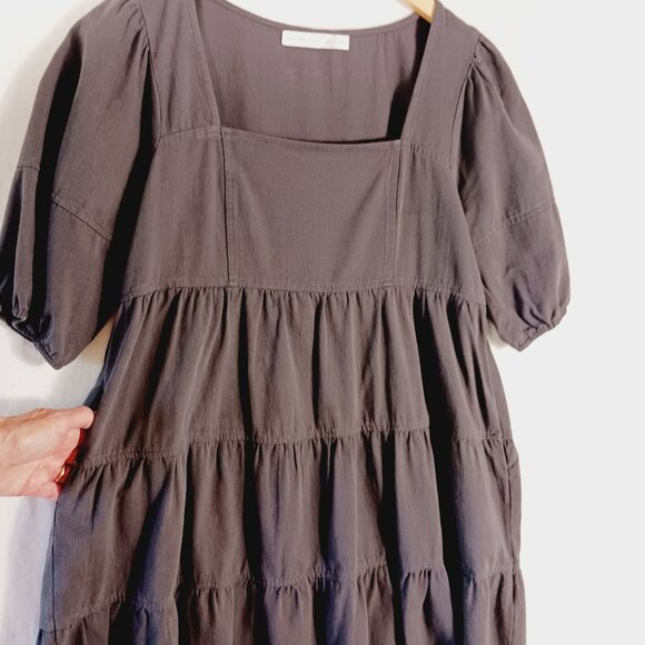 Altar'd State,  Gray Tiered Cotton Mini Dress, Size Small Short Sleeve, Fringed - Picture 6 of 16